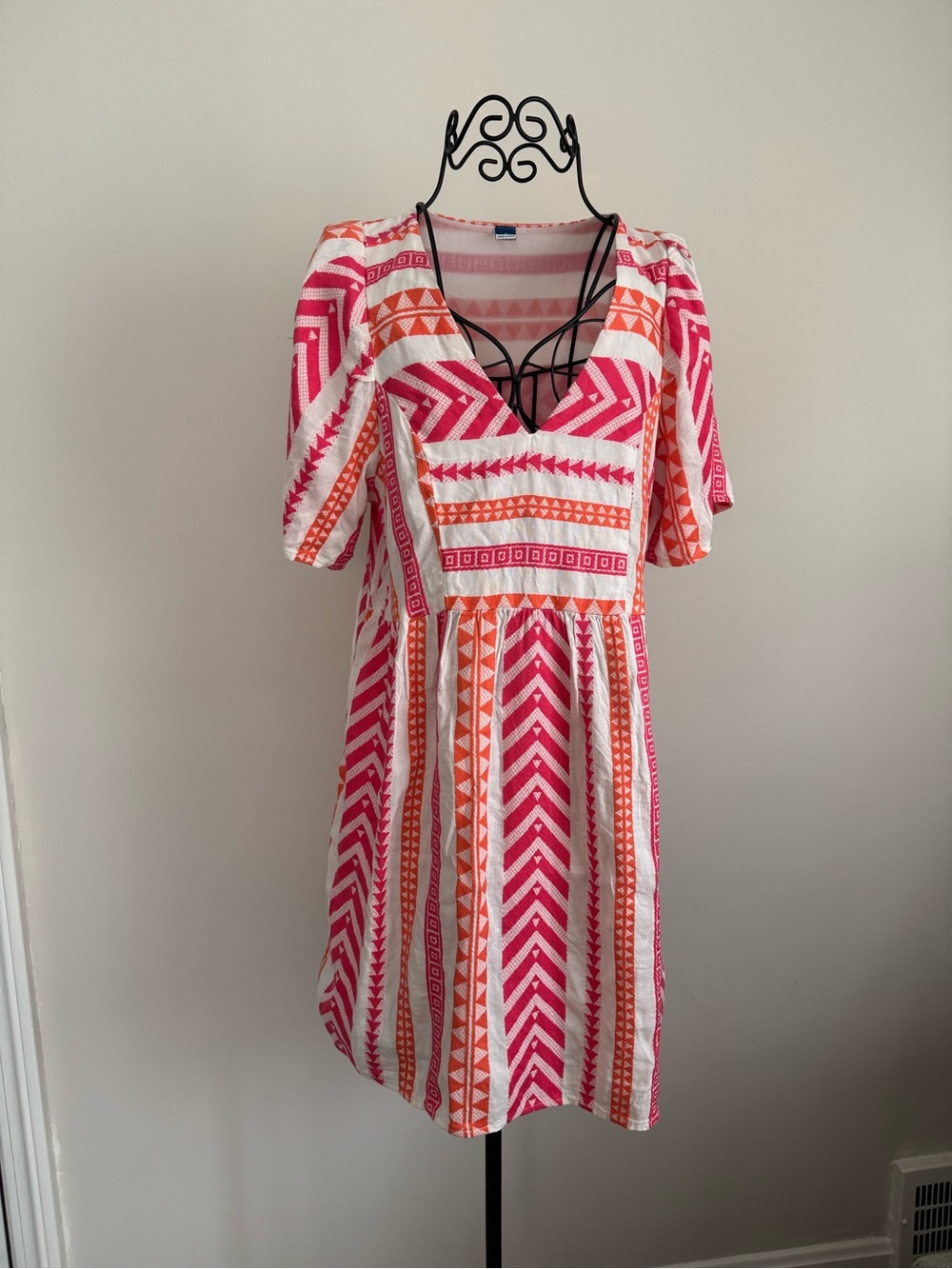Old Navy Cotton Pink and Orange Geo-Print V-Neck Mini Dress